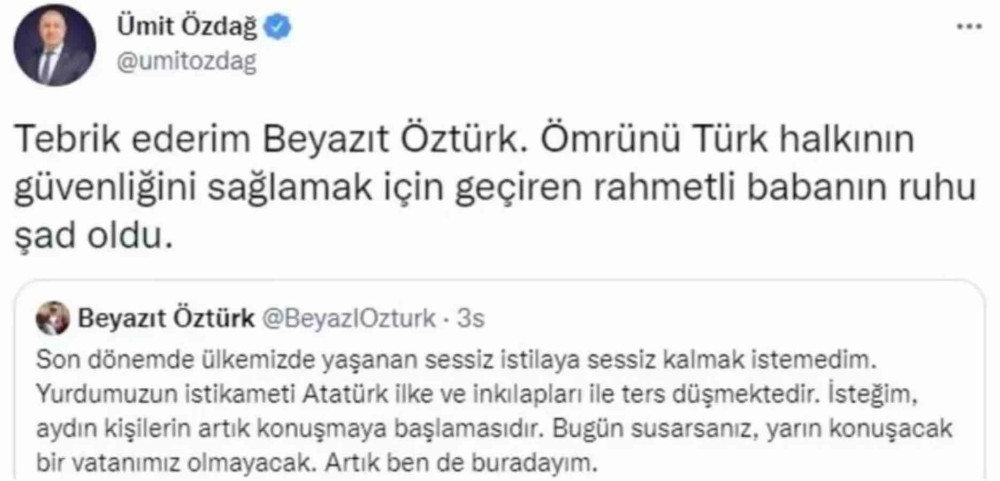 umit ozdag sahte beyazit ozturk u once tebrik etti sonra sildi